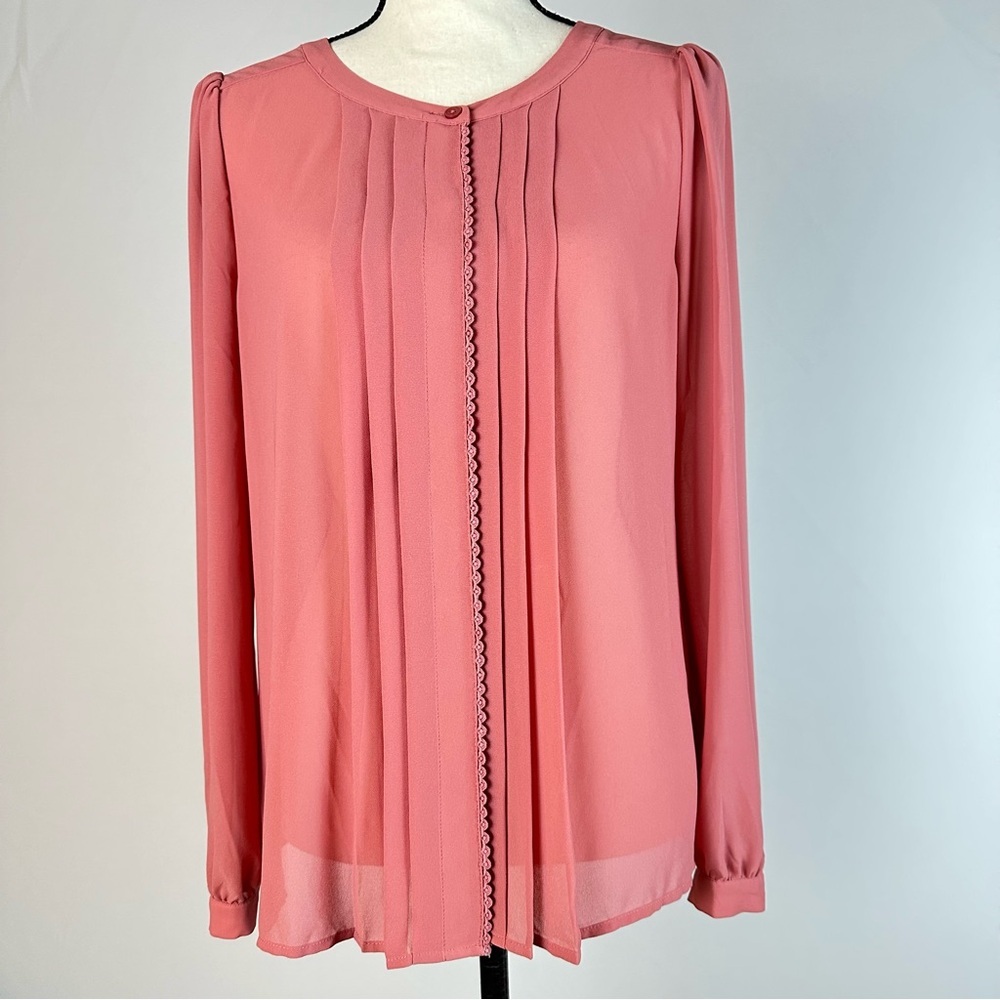 LOFT pink blouse with button front, pleats and lace trim - size small